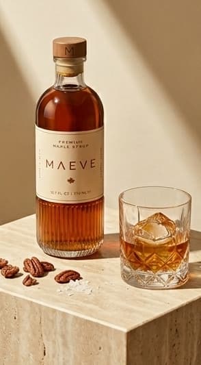 Flacon MAEVE à côté d'un verre avec glaçons et noix de pécan sur un socle en travertin