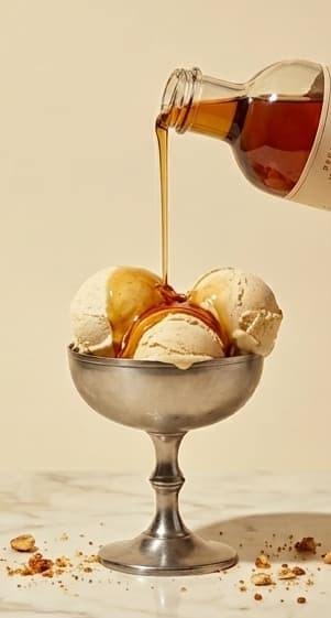 Sirop d'érable versé sur des boules de glace à la vanille