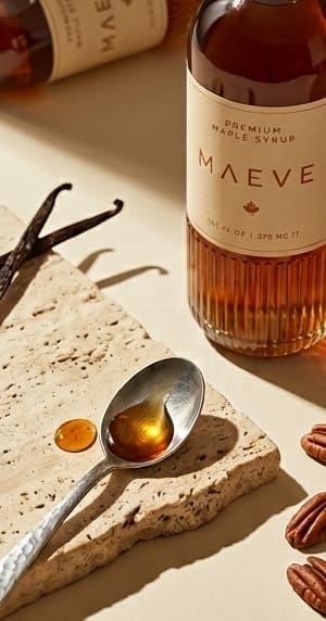 Une cuillère de sirop d'érable à côté de gousses de vanille et de noix de pécan sur la pierre